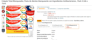 Pack x4 Colgate Total Blanqueador pasta de dientes blanqueante 75ml por 5.70€