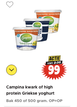 Campina kwark of high protein Griekse yoghurt voor €0,99 bij Dirk