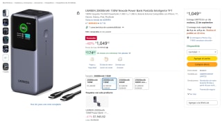 UGREEN 20000mAh 130W Nexode Power Bank Pantalla Inteligente TFT por $1,049 en Amazon