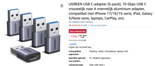 UGREEN USB C-adapter (5-pack),voor €12,99 bij Amazon