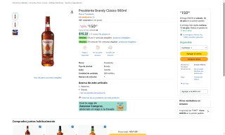 Brandy Presidente Clásico 900 ml por $150 | Oferta Amazon
