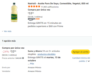 Nutrioli Aceite Puro de Soya 850ml por $30 en Amazon