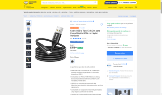 Cable USB a Tipo C 2m PD 60W por $59 | Ahorro Mercado Libre