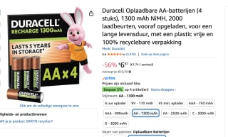 Duracell Oplaadbare AA batterijen - 2500 mAh NiMH - 4 stuks voor €6,97 bij Amazon
