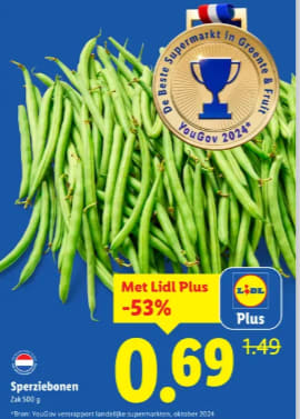 500 gram sperziebonen voor €0,69 met de Lidl plus app