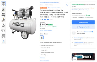 Compresor de aire Power Hunt 50 L (sin aceite) por $3,000 en Mercado Libre