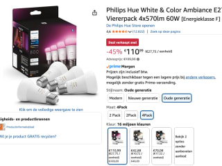 Philips Hue Kleur A60 E27 4-Pack voor €110,99 bij Amazon