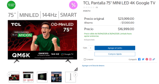 TV TCL 75" Mini LED 4K 144Hz por $14,999 | Oferta Costco (PayPal)