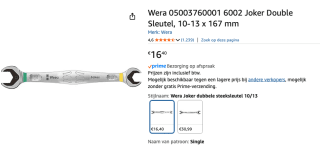 Dubbele steeksleutel Joker 10x13mm Wera voor €16,50 bij Amazon