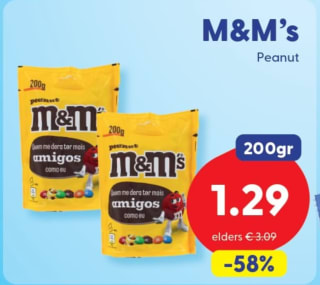 200 gram M&M's Pinda's voor €1,29 bij Die grenze