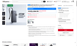 Powerbank UGREEN 20000mAh 45W por $500 | Oferta AliExpress