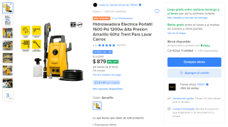 Hidrolavadora eléctrica portátil 1600 PSI 1200 W Trent por $729 en Mercado Libre