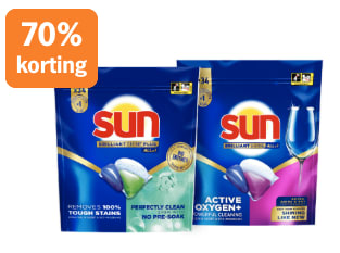 70% korting op Sun vaatwascapsules brilliant shine of shine plus 34 stuks bij AH