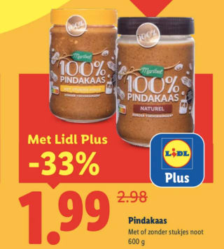 100% Pindkaas met of zonder nootjes voor €1,99 bij de Lidl