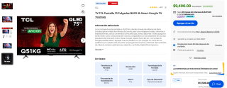 TCL 75" QLED 4K Smart TV por $7,259 | Walmart (Banamex MSI)