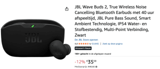 JBL Wave Buds 2 - Noise Cancelling Oordopjes voor €35,59 bij Amazon