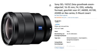 Sony SEL 16-35mm f/4.0 FE FullFrame ZA OSS voor €597,26 bij AMazon