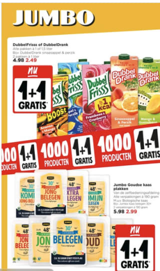 1+1 gratis op 1.000 producten bij Jumbo