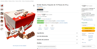 Kinder Bueno, paquete de 10 piezas (43 g c/u) por $160 en Amazon