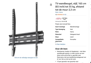 TV-wandbeugel, stijf, 165 cm (65 inch) voor €12,99 bij Amazon