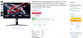 Monitor XIAOMI G Pro 27i 2K 180Hz 1ms por $5,685 | Amazon (Klar MSI)