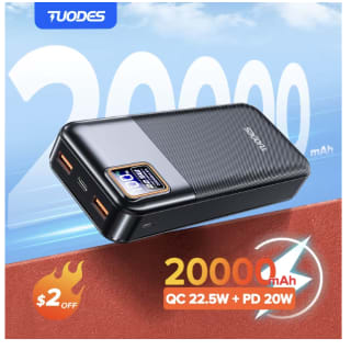 Tuodes Power Bank 20000mAh PD20W por 14,43€