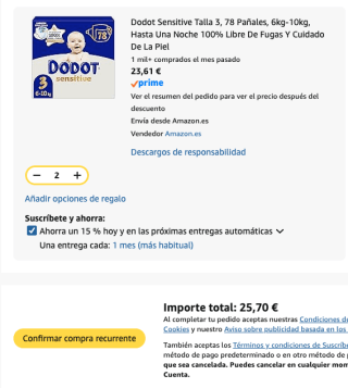 2 Packs Dodot Sensitive Talla 3, 78 Pañales, 6kg-10kg por 25.70€