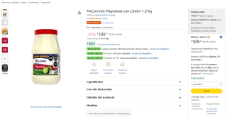 McCormick Mayonesa con Limón 1.2 kg por $69 en Amazon
