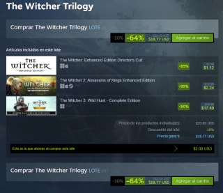 The Witcher Trilogy por $358 en Steam