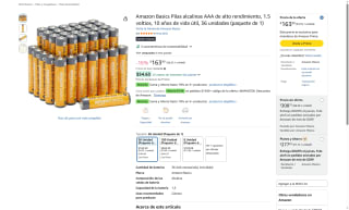 Pilas AAA Alcalinas 36 Unidades 1.5V por $164 | Amazon