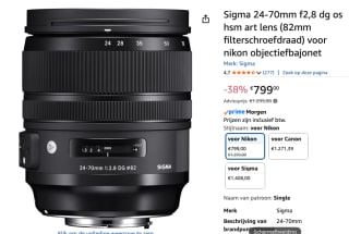Sigma 24-70mm F/2.8 DG OS HSM Art Nikon FX voor €799 bij Amazon