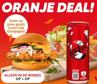 Gratis Coca-Cola Oranjeglas bij zomer burgermenu met Coca-Cola drankje bij Kwalitaria