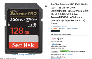 SanDisk Extreme PRO SDXC UHS‐I‐Kaart 128 GB voor €34,99 bij Amazon