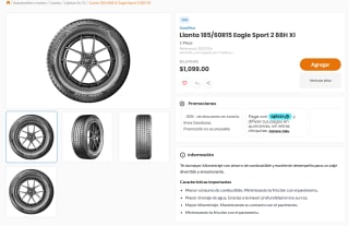 GoodYear Eagle Sport 2 185/60R15 88H XL por $1,099 en Chedraui