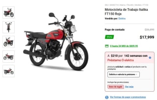 Motocicleta Italika FT150 Roja por $15,299 | Elektra (PayPal)
