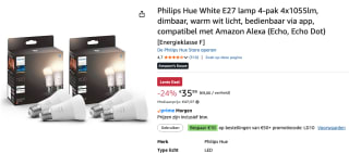 Philips Hue White E27 lamp 4-pak 4x1055 lm voor €35,99 bij Amazon
