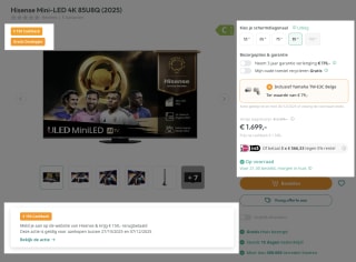 Hisense Mini-LED 4K 85U8Q (2025) voor 1549 euro dmv cashback
