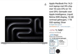 MacBook Pro 14 inch - M5 (10x CPU & 10x GPU) - Spacezwart - 16GB - 1TB voor €1749