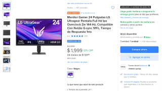 Monitor LG 24" Full HD 144Hz por $1,799 | Mercado Libre