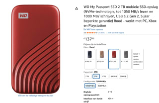 WD My Passport SSD 2TB rood voor €137,99 bij Amazon
