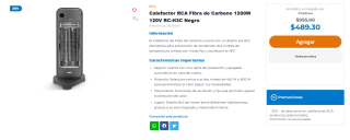 Calefactor RCA Fibra de Carbono 1200W 120V RC-H3C en $489 | Chedraui