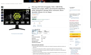 Monitor MSI MAG 255F E20 25" 200Hz 0,5ms por $2,337 | Amazon