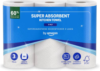 by Amazon Essuie-tout Super Absorbant 3 rouleaux (80 feuilles) pour 2,24€