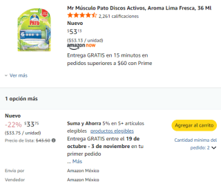 Mr Músculo Pato Discos Activos (Aroma Lima Fresca, 36 ml) por $30 en Amazon