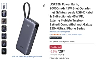 UGREEN Power Bank, 20000mAh 45W voor 29,99 euro