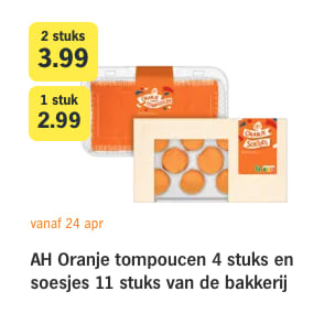 2 Stuks AH Oranje tompoucen 4 stuks en soesjes 11 stuks voor €3,99 bij de AH