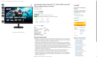 Monitor Acer Nitro KG1 27" QHD 180Hz IPS por $3,428 | Amazon