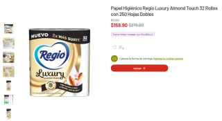 Papel Higiénico Regio Luxury Almond Touch 32 rollos por $160 en Soriana