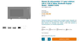 Microondas 1.1 pies cúbicos HMM11X por $1,776 | Mabe (MP)
