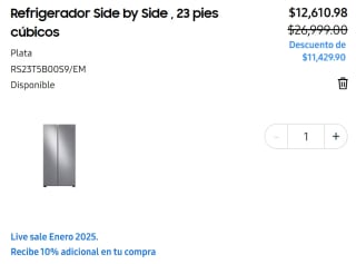 Refrigerador Samsung Side by Side 23 pies cúbicos por $12,610 | Santander